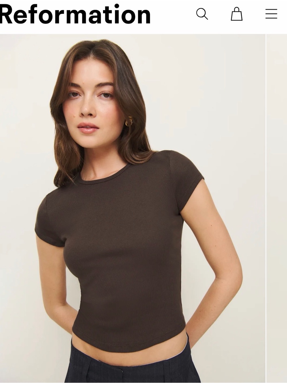 Reformation Ribbed Short Sleeve Top in Chocolate Brown